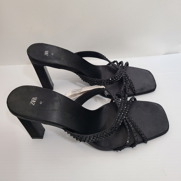 ZARA SATIN EFFECT RHINESTONE HEELED SANDALS BLACK SIZE 9 | 1815/110/800 - Picture 6 of 12